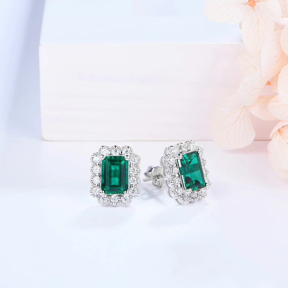 ATTAGEMS 100% 925 Sterling Silver rhodium plating Octagon Cut Emerald Zircon Diamonds Gemstone Stud Earrings Fine Jewelry