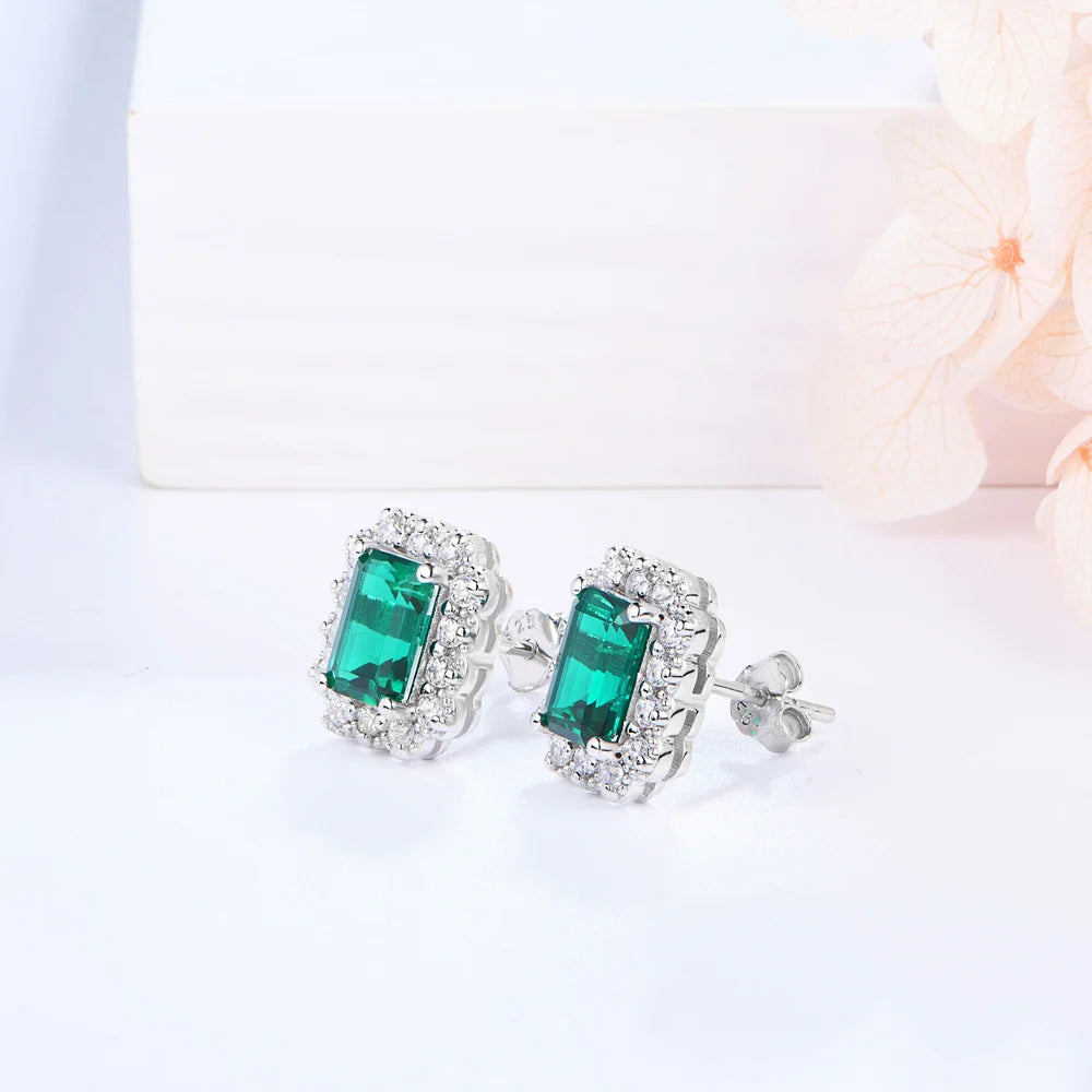 ATTAGEMS 100% 925 Sterling Silver rhodium plating Octagon Cut Emerald Zircon Diamonds Gemstone Stud Earrings Fine Jewelry