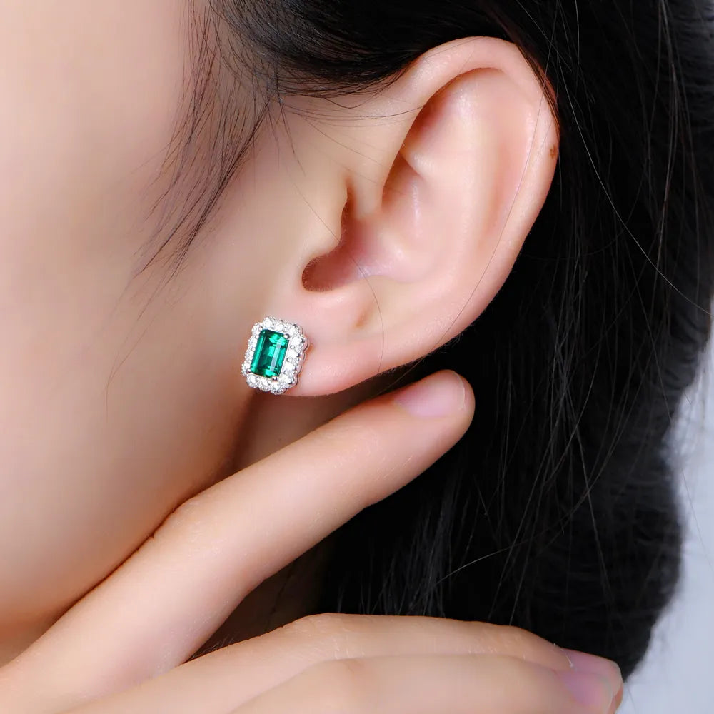 ATTAGEMS 100% 925 Sterling Silver rhodium plating Octagon Cut Emerald Zircon Diamonds Gemstone Stud Earrings Fine Jewelry