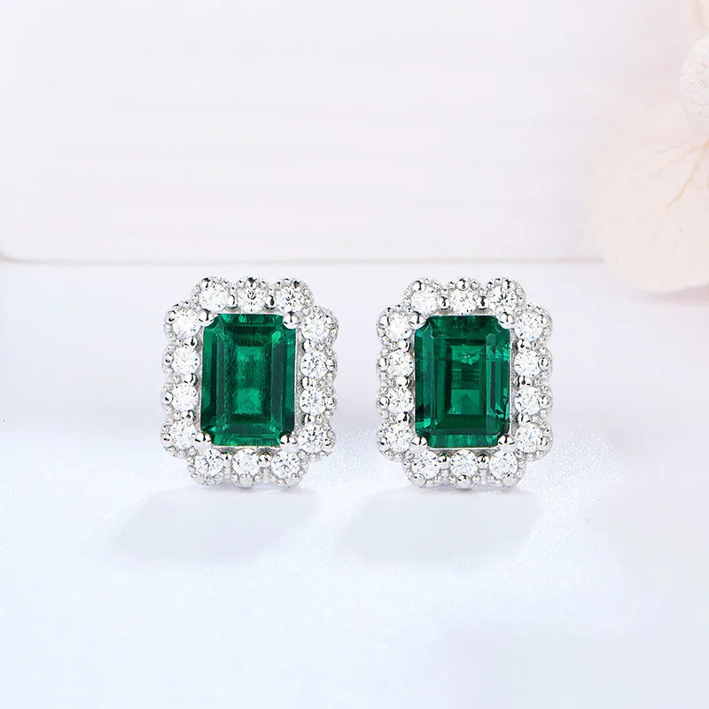 ATTAGEMS 100% 925 Sterling Silver rhodium plating Octagon Cut Emerald Zircon Diamonds Gemstone Stud Earrings Fine Jewelry