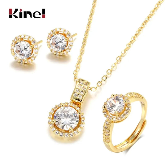 18K Gold Plated Zircon Jewelry Sets Engagement Ring Necklace Earring for Bridal Wedding Jewelry Gift for Women