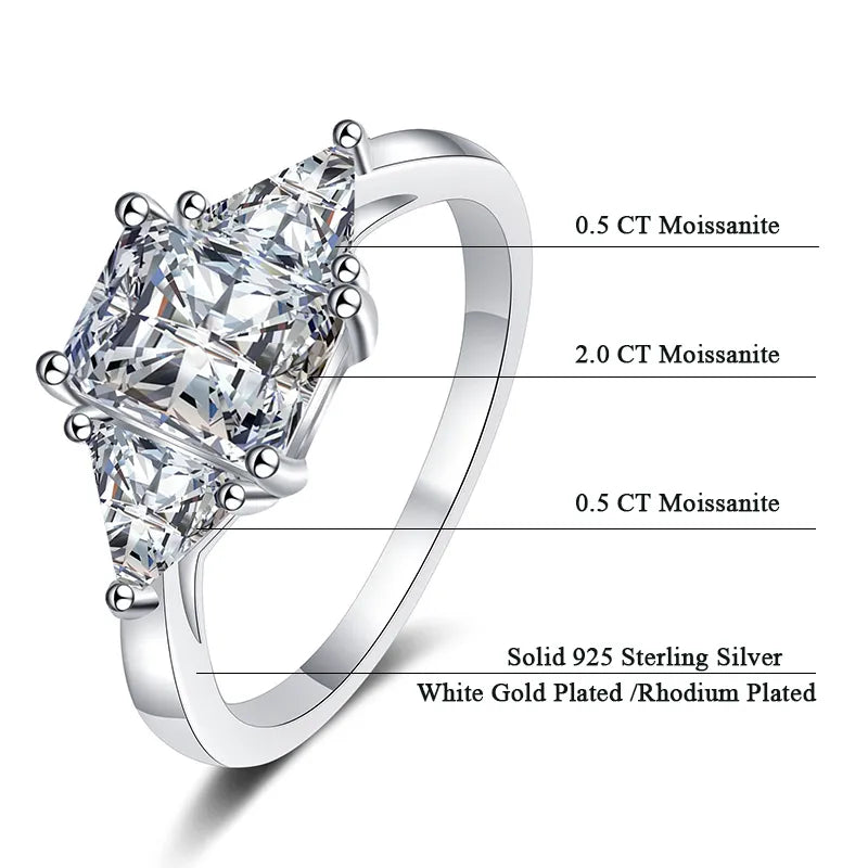 Radiant Cut Moissanite 3 Stone Ring 3 Carat Certified Moissanite Diamond Wedding Band Solid Silver Luxury Women Engagement Ring