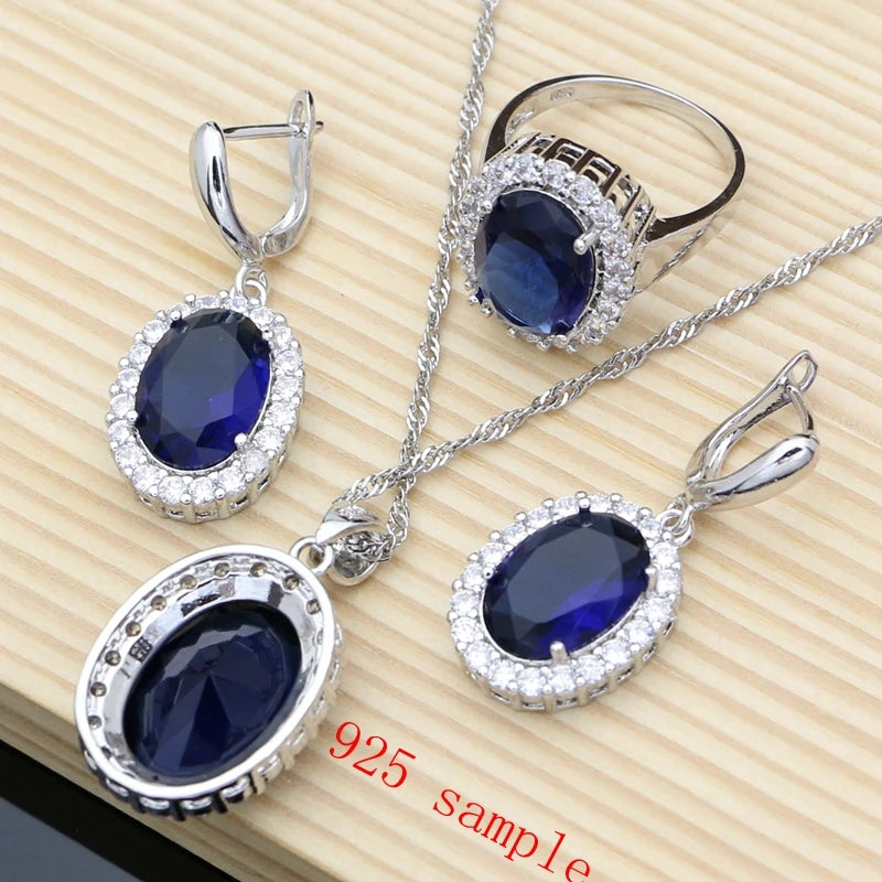 Blue Sapphire 925 Silver Jewellry Sets Natural Gemstone Wedding Fine Jewelry Bracelet Necklace Sets Dropshipping