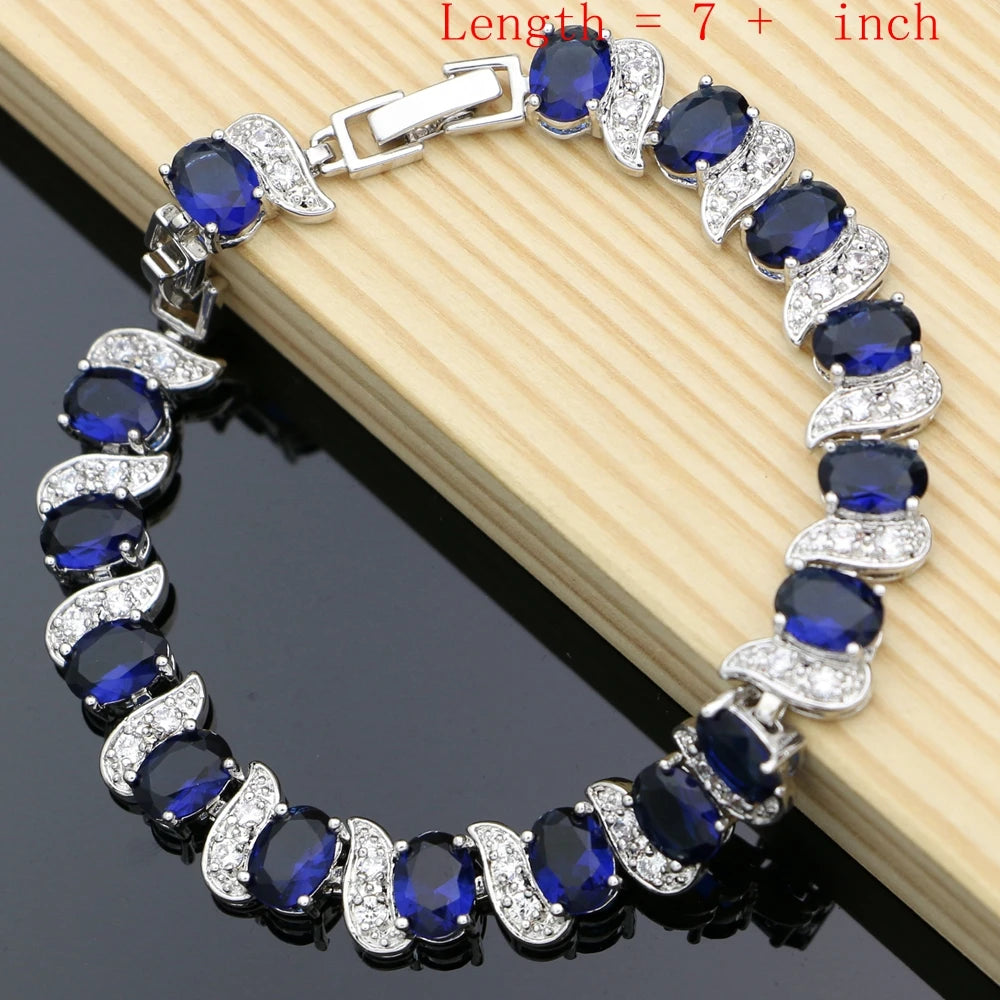 Blue Sapphire 925 Silver Jewellry Sets Natural Gemstone Wedding Fine Jewelry Bracelet Necklace Sets Dropshipping