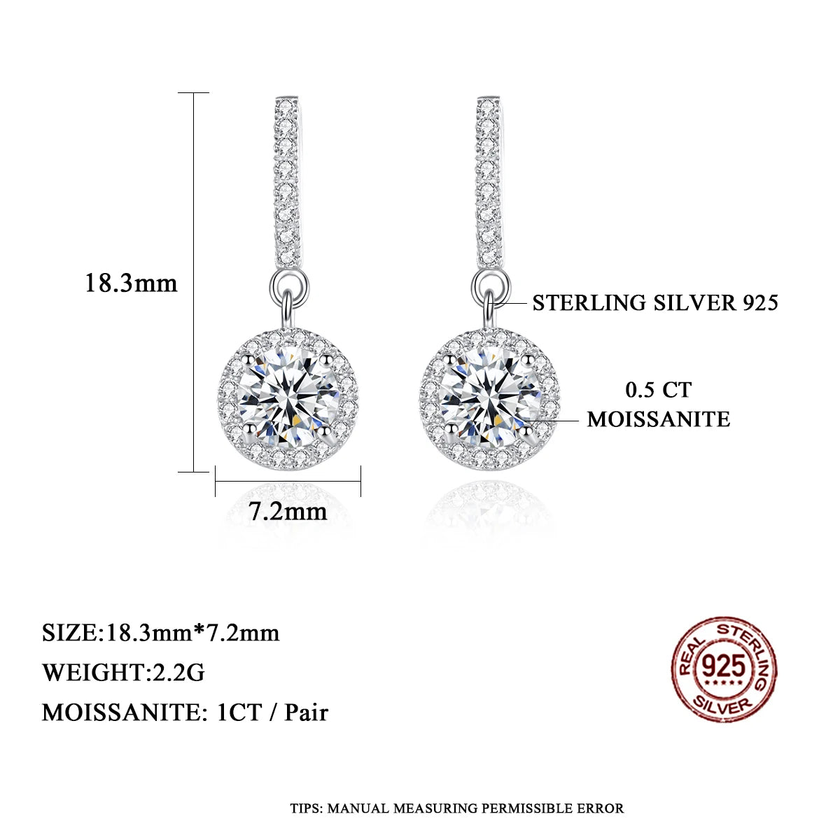 Luxury Drop Earrings For Women CZ Paved 1CT Moissanite Diamond Dangle Earrings 925 Sterling Silver Elegant Female Jewelry