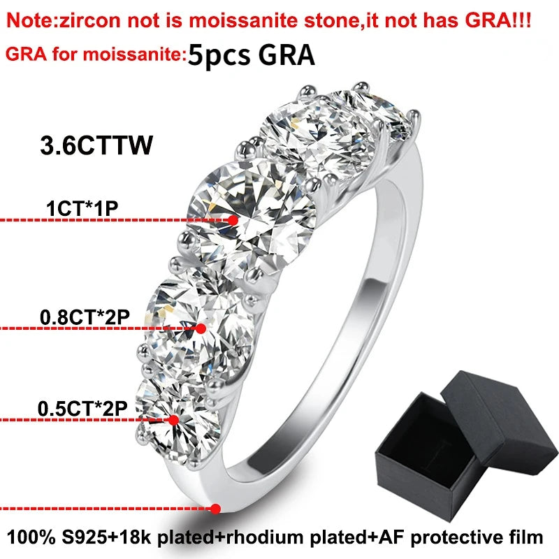 18k Plated 3.6CT All Moissanite Rings for Women 5 Stones Sparkling Diamond Wedding Band S925 Sterling Silver Jewelry GRA