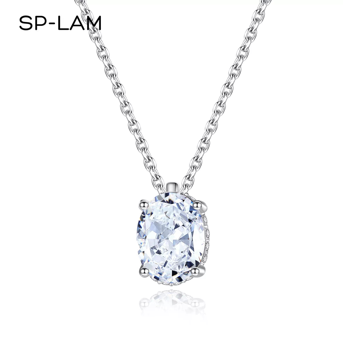 Oval Pendant Necklace - 925 Sterling Silver, 1.2 Ct Moissanite Lab Diamond, CZ Paved Link Chain Pendants, Luxury Jewelry