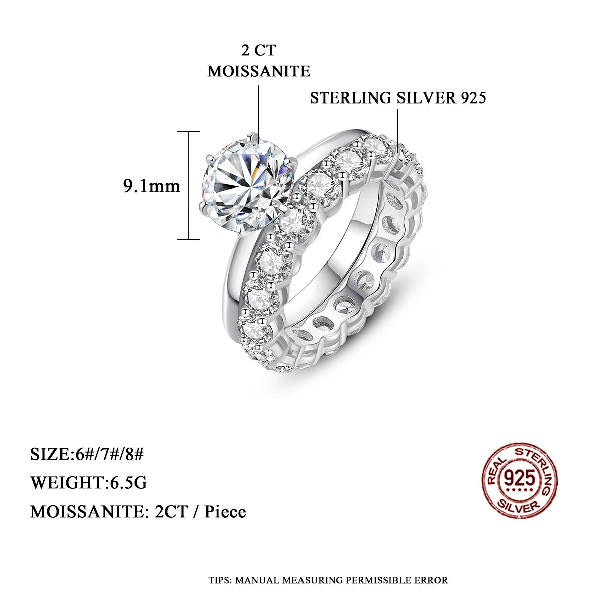 2Ct Moissanite Ring Set Luxury Stackable Big Diamond Silver 925 Women Engagement Bridal Wedding Bands With Certificate Anillos