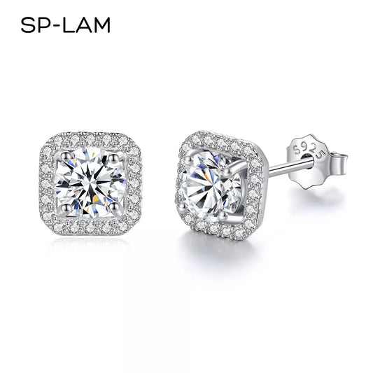 Moissanite Diamond Unusual Square Halo Stud Earrings For Women Certified 925 Sterling Silver Trendy Fine Anniversary Jewelry