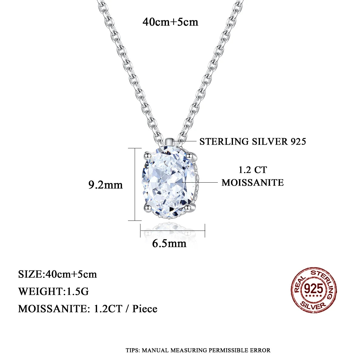 Oval Pendant Necklace - 925 Sterling Silver, 1.2 Ct Moissanite Lab Diamond, CZ Paved Link Chain Pendants, Luxury Jewelry