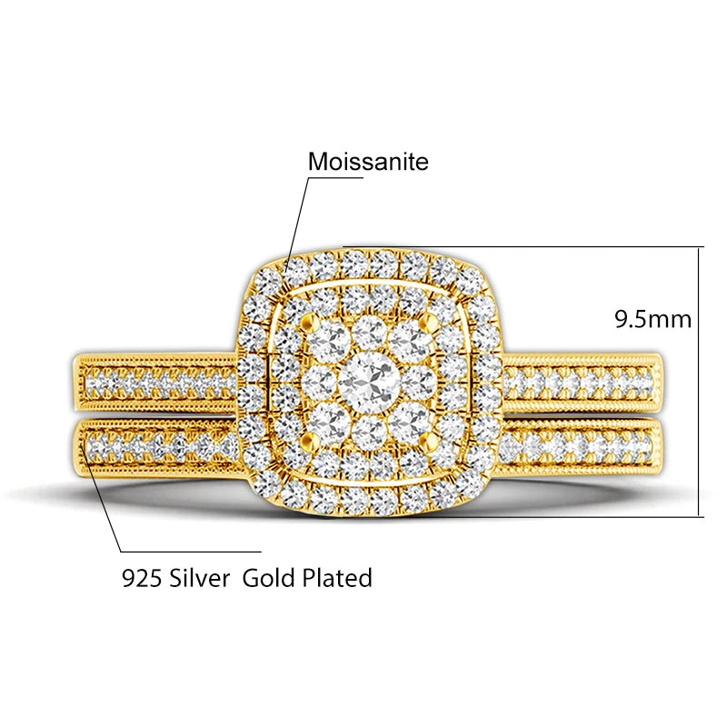 2PCS Yellow Gold Moissanite Engagement Rings set For Women 100% Real Pass Diamond Tester Wedding Band Jewelry Lover Couple Gifts