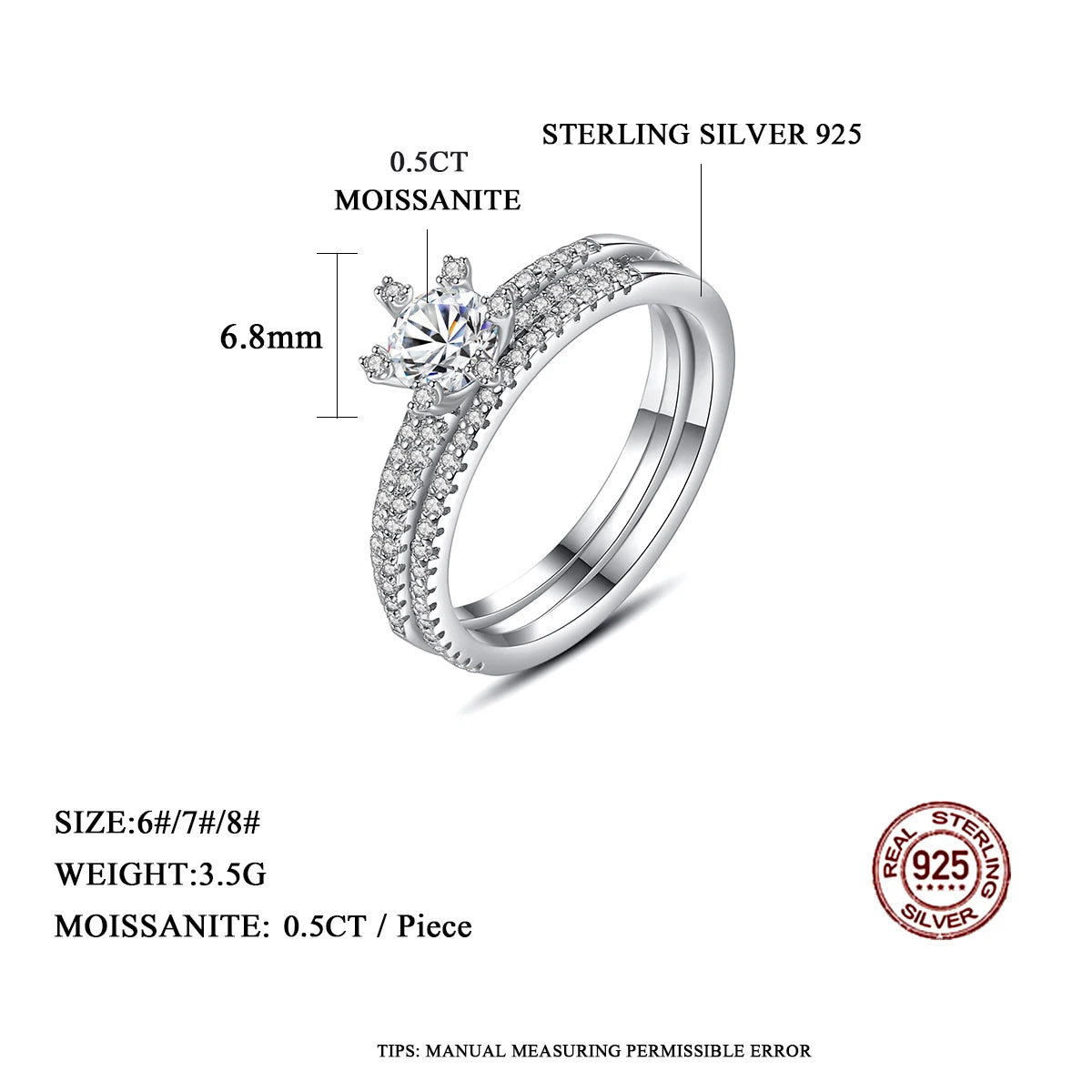 Promise Wedding Ring Set 2 Piece Sterling Silver 925 Moissanite Eternity Stackable Rings Band Luxury Woman Jewelry