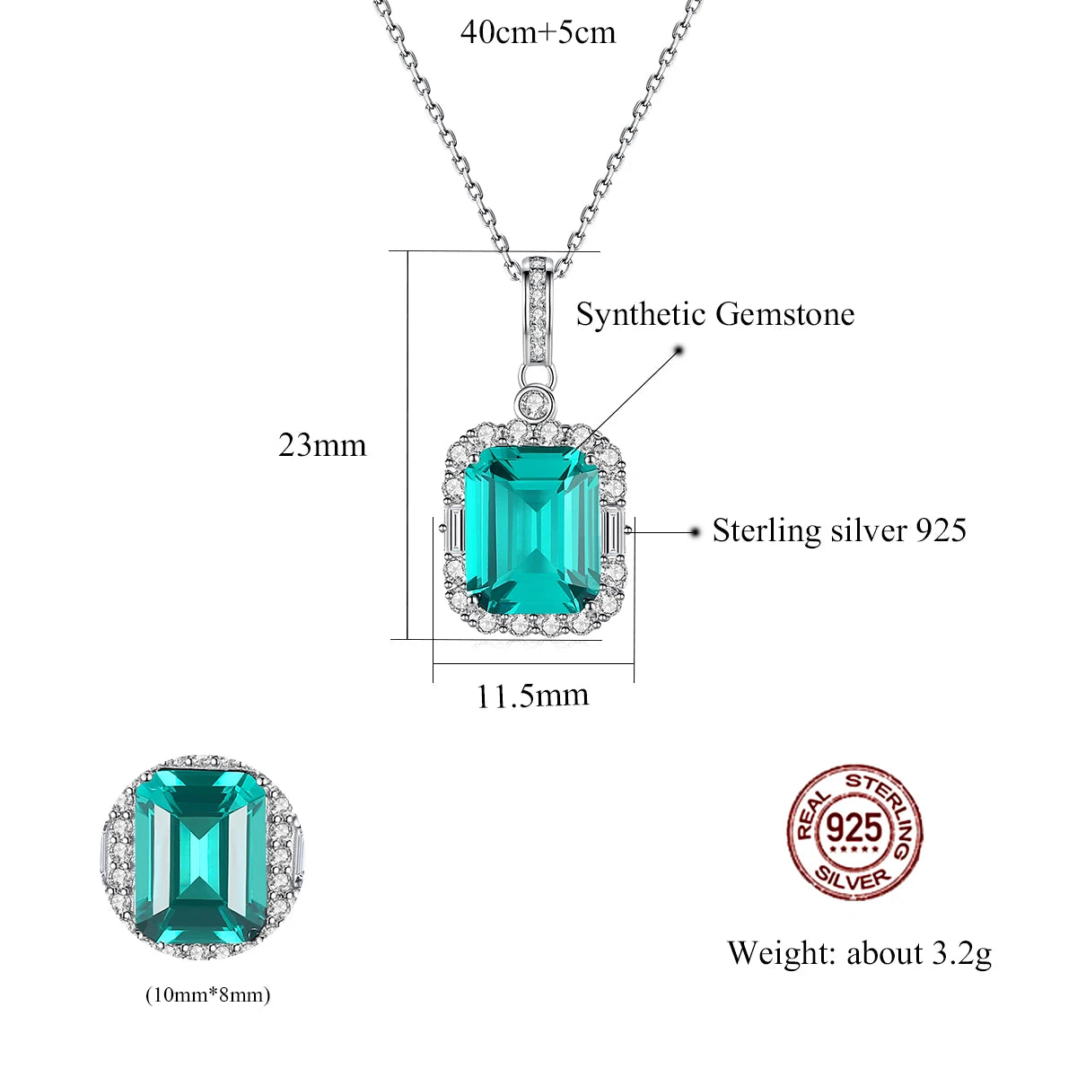 Noble Lab Grown Emerald Pendant Necklace 100% 925 Sterling Silver Rectangular Pendants Jewelry Birthday Anniversary Gift