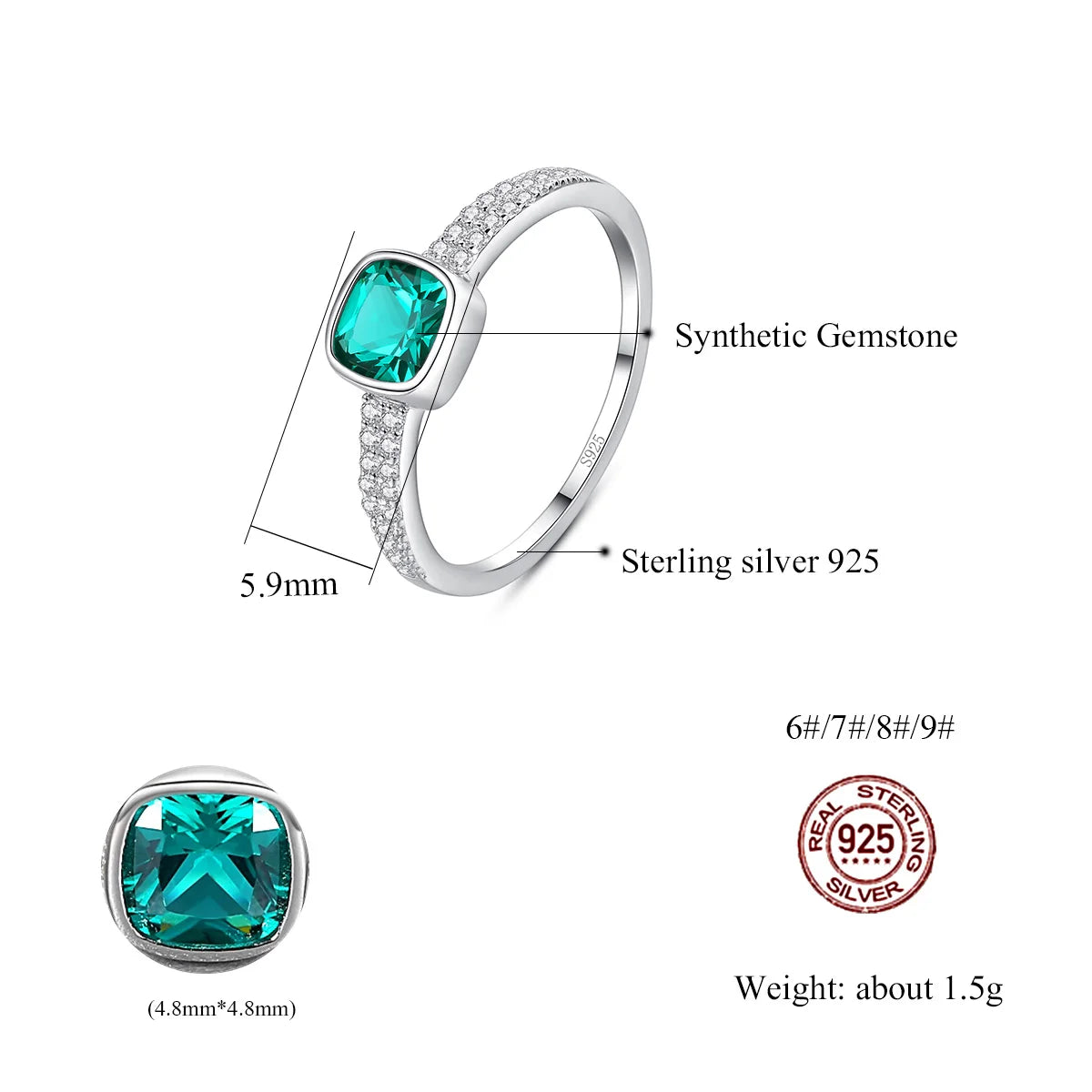 Rings 925 Sterling Silver Luxury Women Romantic Created Emerald Gemstone Solitaire Engagement Cushion Wedding Bridal Anillos Muj