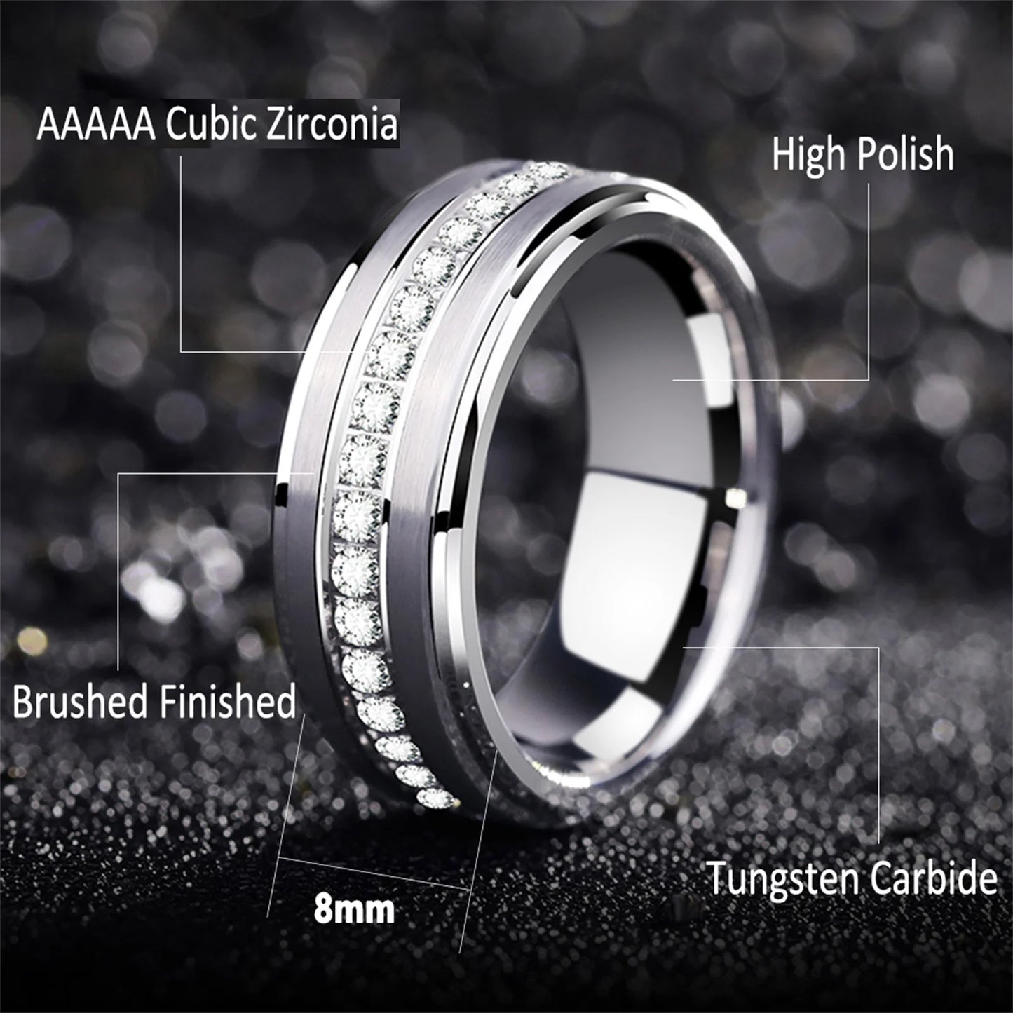 Newshe Men's Promise Wedding Band Brushed Finished Tungsten Carbide Rings for Men Charm Half Eternity Round Zircon Jewelry