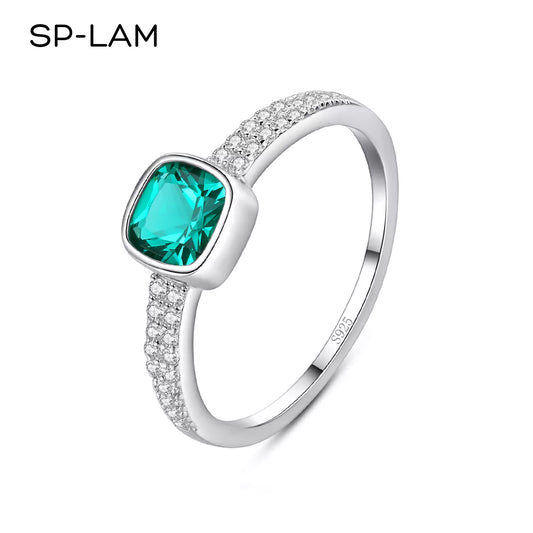 Rings 925 Sterling Silver Luxury Women Romantic Created Emerald Gemstone Solitaire Engagement Cushion Wedding Bridal Anillos Muj