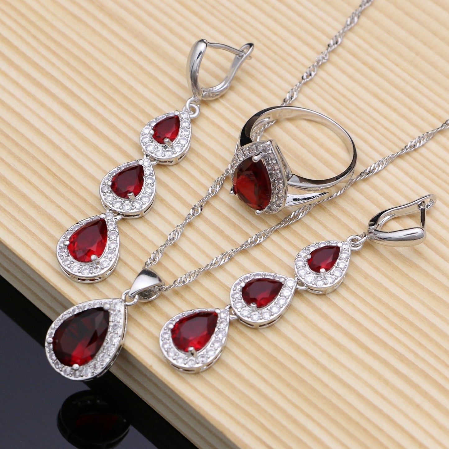 Water Drop Silver 925 Jewelry Red Ruby White Topaz Jewelry Sets