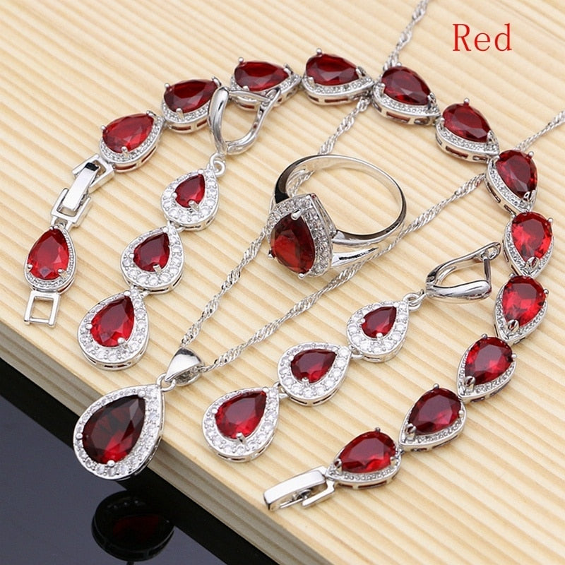 Water Drop Silver 925 Jewelry Red Ruby White Topaz Jewelry Sets