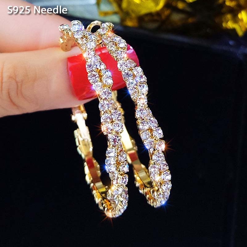 Real 925 Sterling Silver Needle Hoop Earrings for Women Jewelry Gold Statement Rhinestone Rhombus Punk Rock Large Round Earrings