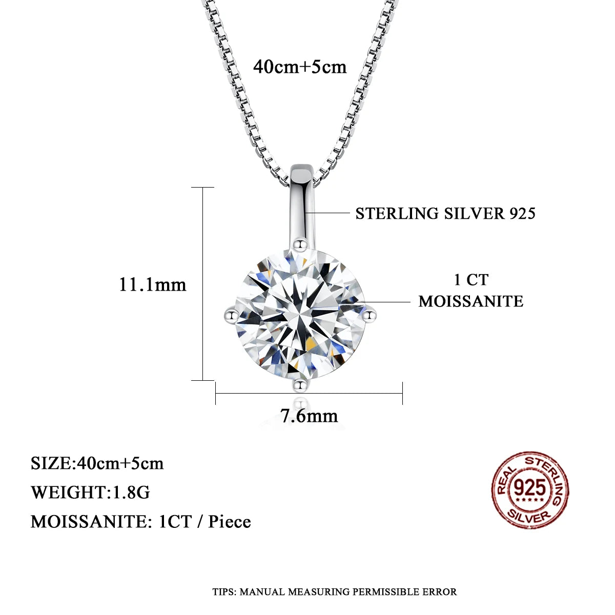 1Ct Moissanite Stone Pendant Necklace - Trendy Summer Jewelry, 925 Sterling Silver