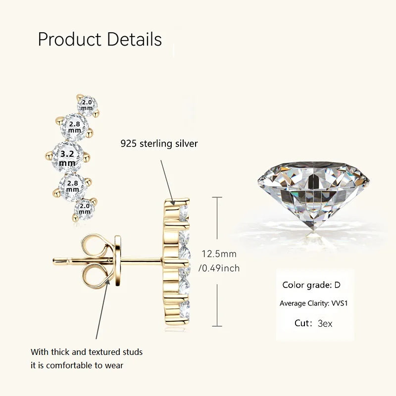 IOGOU D Color Moissanite Jewelry Yellow Gold Plated Ear Crawler Earrings for Women 925 Silver Curved Stud Earrings Accessories