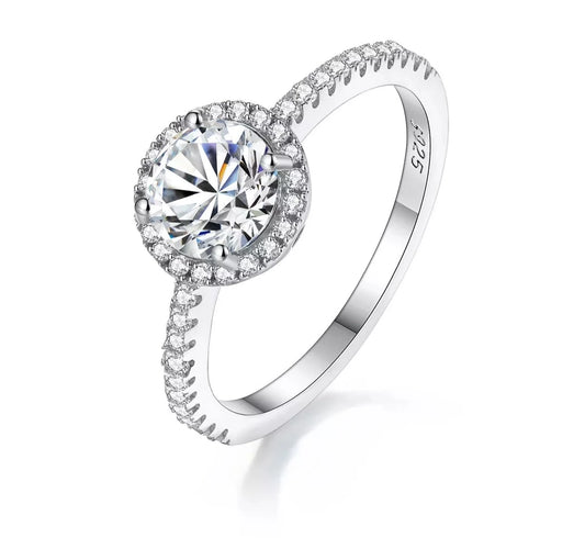 "Luxury Round Cut Moissanite Ring - 1CT Brilliant Created Diamond Halo Eternity Ring - Rhodium Plated Fine Jewelry"