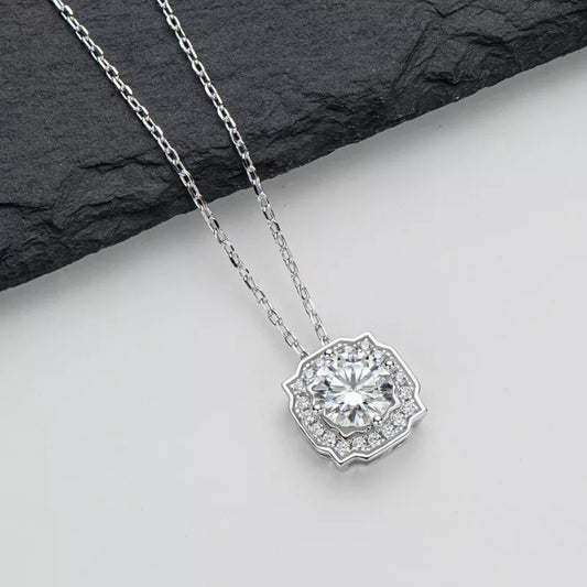 D Color 1.0ct Round Cut Moissanite Halo Pendant Necklace - 925 Silver Jewelry for Women