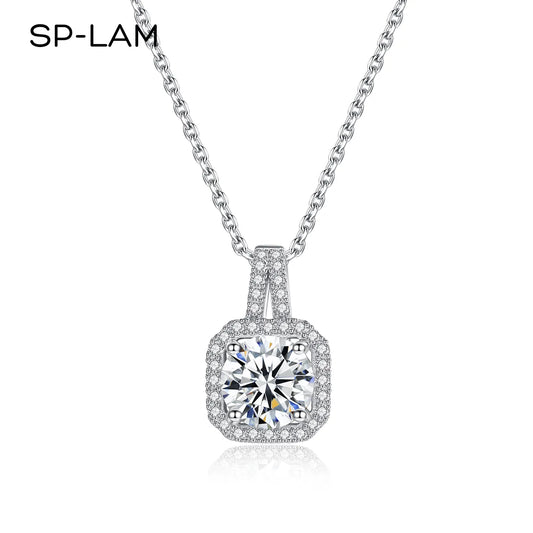 1CT Moissanite Necklace with Certificate | CZ Pave Link Chain | Square Pendant | Luxury Wedding Jewelry Gift