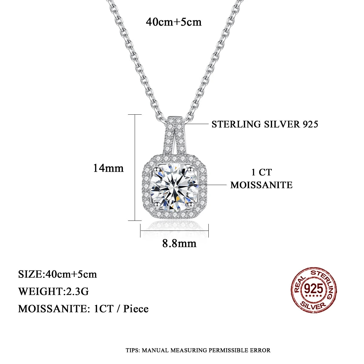 1CT Moissanite Necklace with Certificate | CZ Pave Link Chain | Square Pendant | Luxury Wedding Jewelry Gift