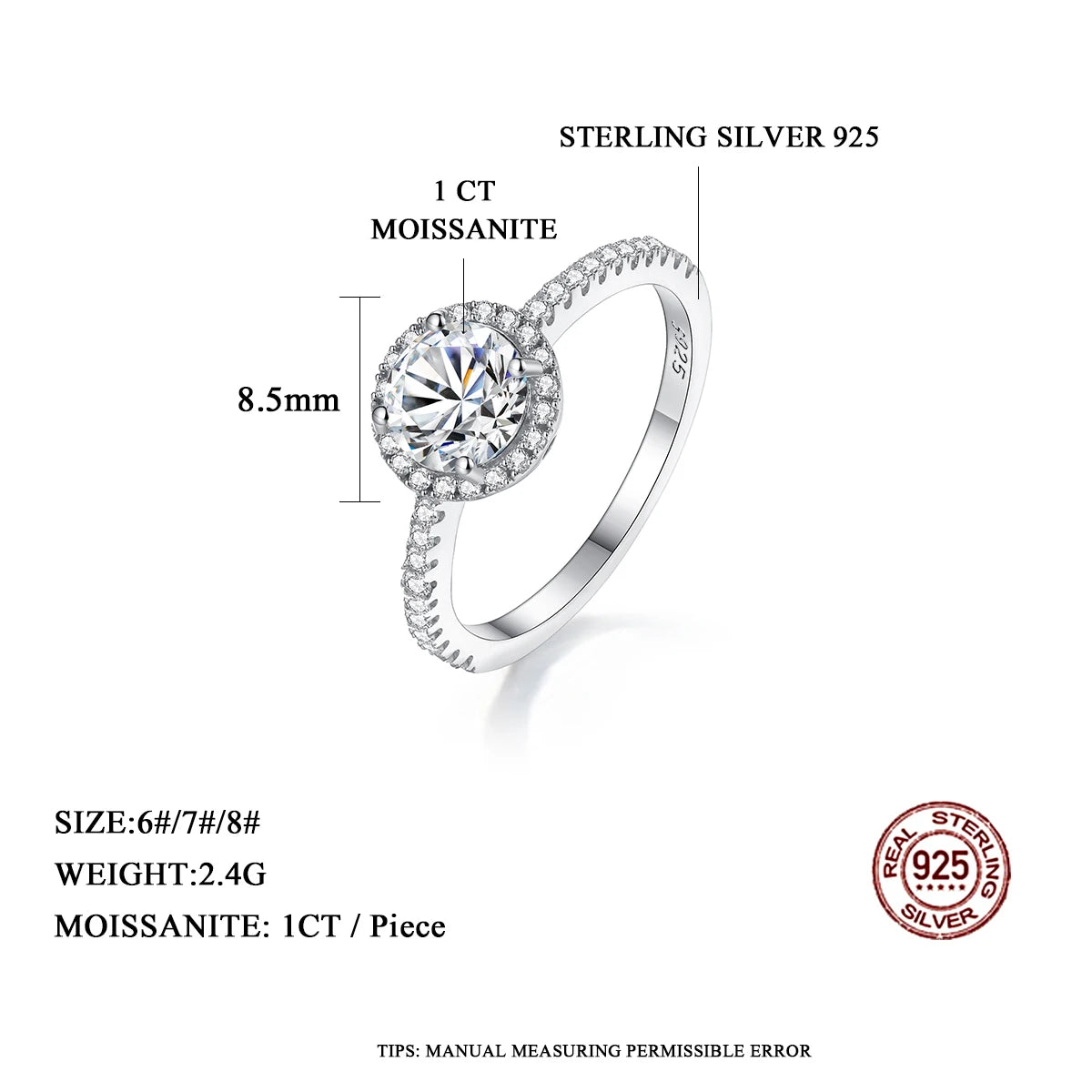 "Luxury Round Cut Moissanite Ring - 1CT Brilliant Created Diamond Halo Eternity Ring - Rhodium Plated Fine Jewelry"