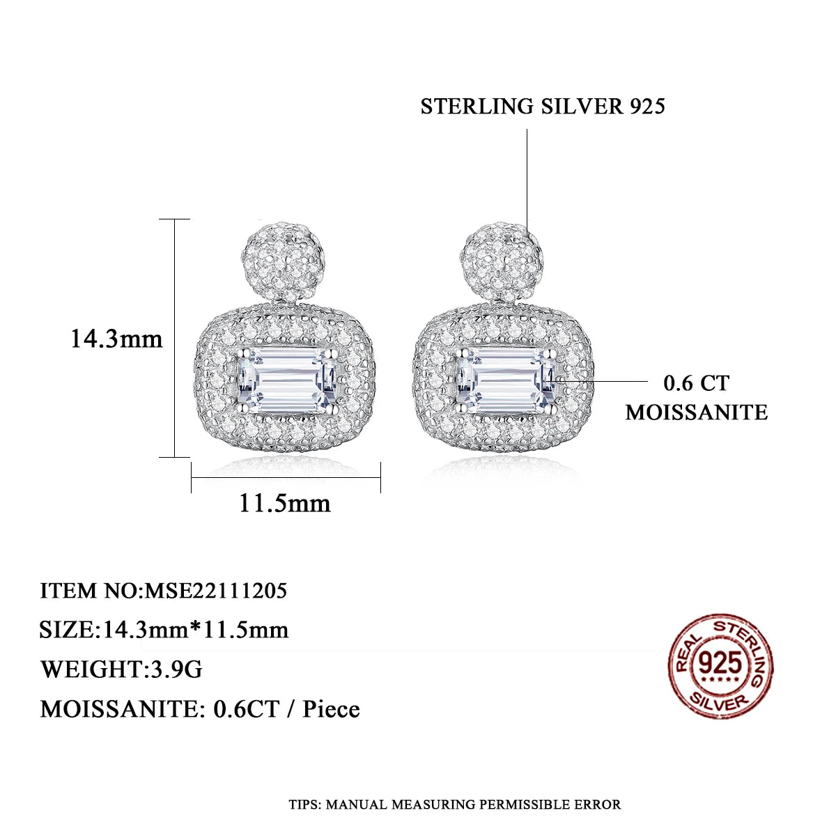 Luxury CZ Paved Moissanite Stud Earrings - Emerald Cut Vintage Fashion Accessories for Women