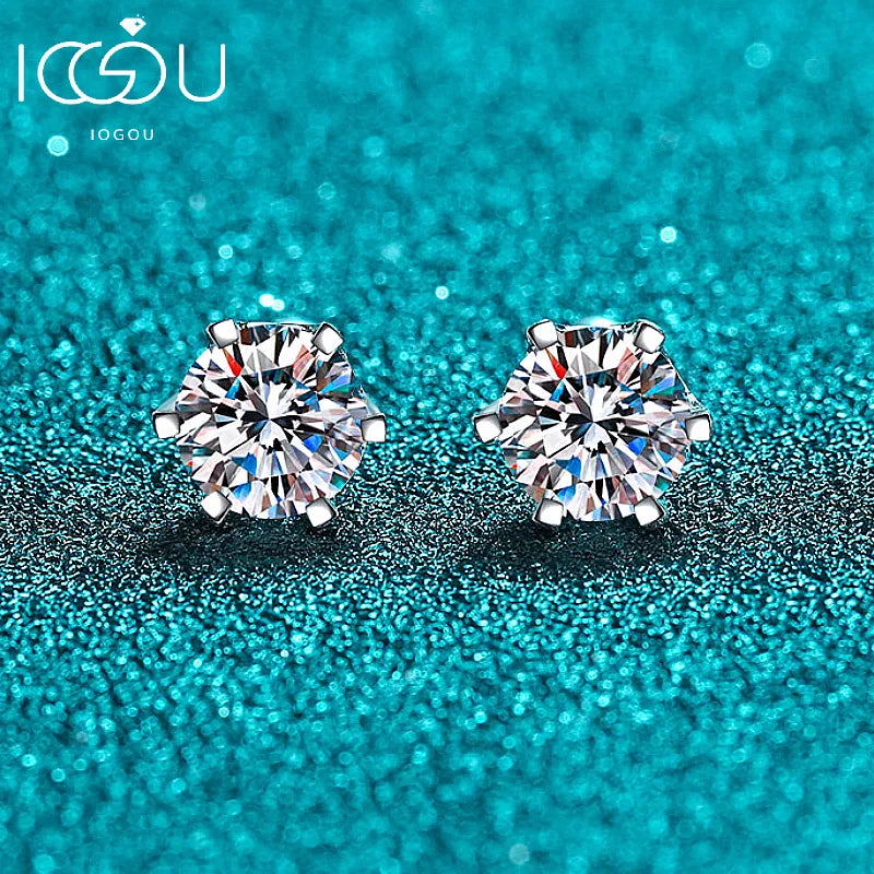 925 Silver Moissanite Stud Earrings - Platinum Plated, Six-Claw Round, Hypoallergenic, Women's Engagement Jewelry