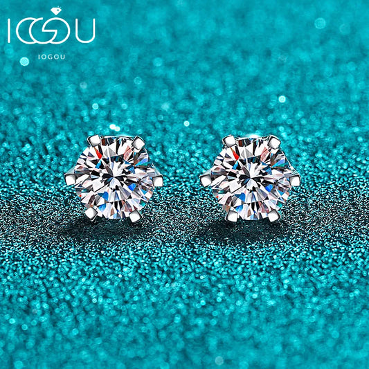 925 Silver Moissanite Stud Earrings - Platinum Plated, Six-Claw Round, Hypoallergenic, Women's Engagement Jewelry